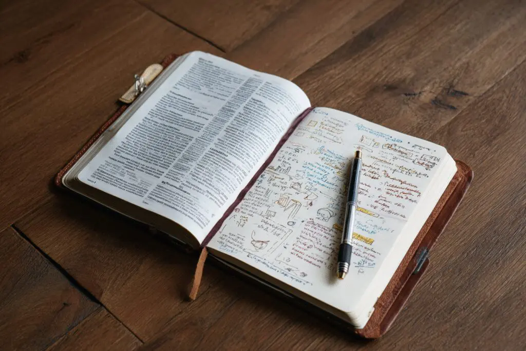 A Bible next to a journal with notes answering the FAQ on how to journal the Bible A Bible next to a journal with notes answering the FAQ on how to journal the Bible