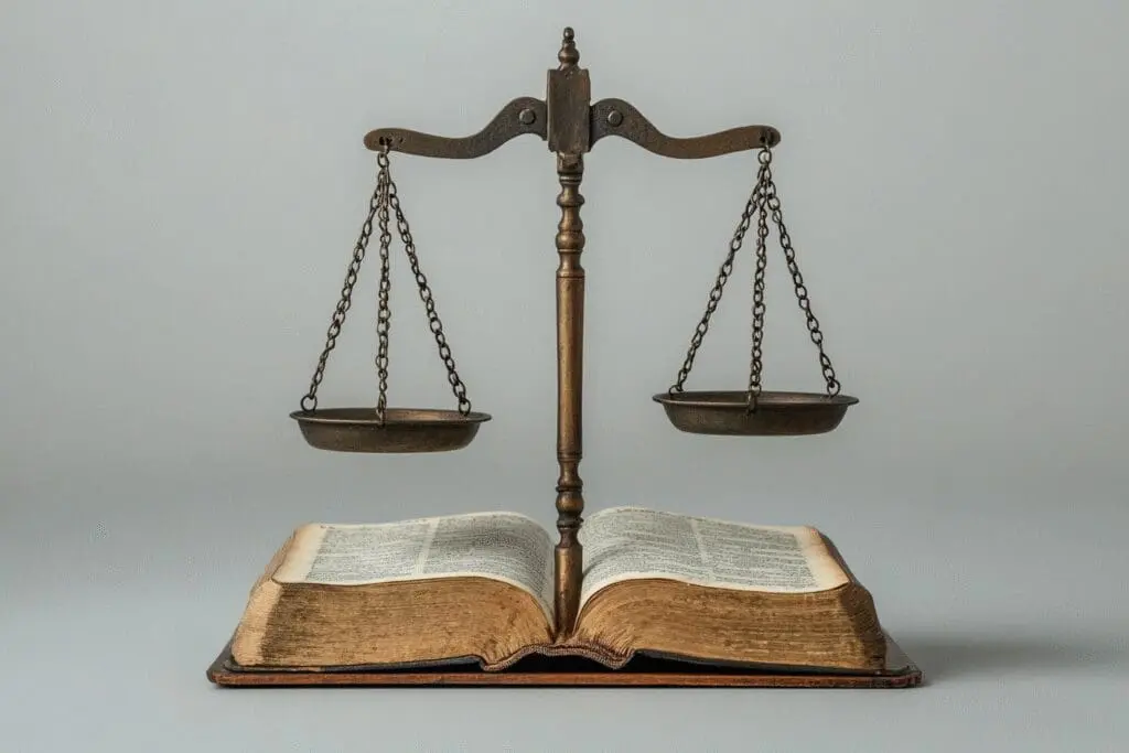 A balanced scale weighing 'Facts' (historical documents) against 'Fiction' (mythical elements), with the Bible in the center.