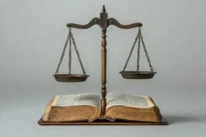 A balanced scale weighing 'Facts' (historical documents) against 'Fiction' (mythical elements), with the Bible in the center.