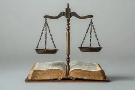 A balanced scale weighing 'Facts' (historical documents) against 'Fiction' (mythical elements), with the Bible in the center.