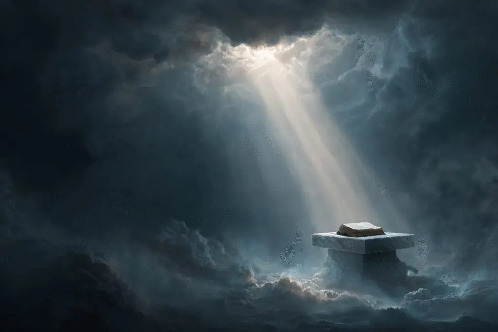 A beam of light from the sky illuminating a book answering the FAQ is the Bible the Word of God A beam of light from the sky illuminating a book answering the FAQ is the Bible the Word of God