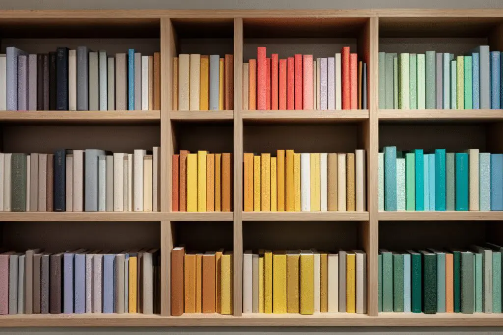 A bookshelf with books grouped by color answering the FAQ on how is the Bible organised A bookshelf with books grouped by color answering the FAQ on how is the Bible organised