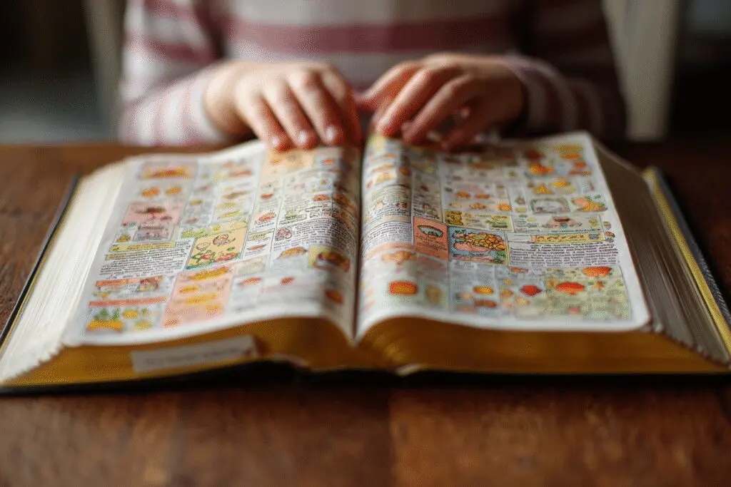 A childs hands holding a childrens Bible with colorful pictures answering the FAQ on what Bible version is best for kids A childs hands holding a childrens Bible with colorful pictures answering the FAQ on what Bible version is best for kids