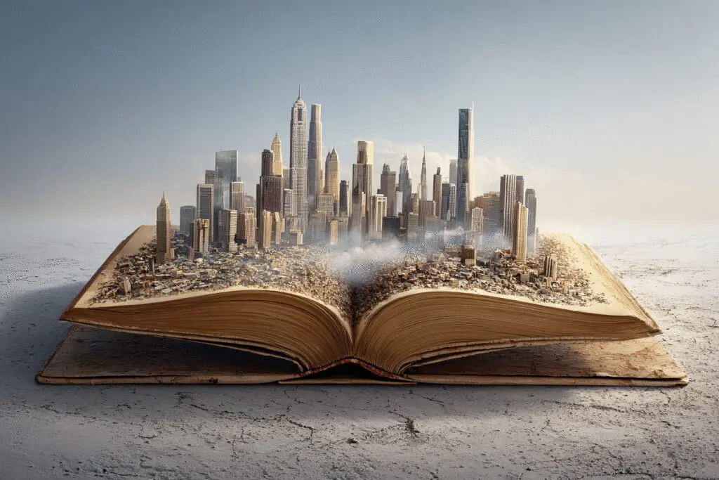 A city built on top of a giant book answering the FAQ on why is the Bible important A city built on top of a giant book answering the FAQ on why is the Bible important