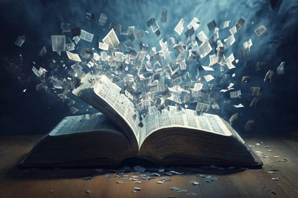A conceptual image of words flowing from an open Bible, culminating in a large, detailed word count