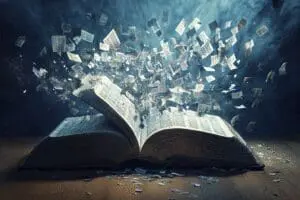 A conceptual image of words flowing from an open Bible, culminating in a large, detailed word count