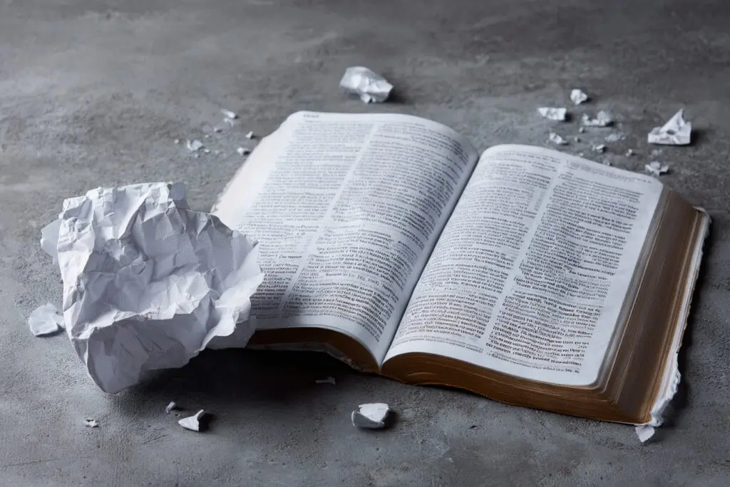 A crumpled page next to a Bible a warning for the FAQ on how not to read the Bible A crumpled page next to a Bible a warning for the FAQ on how not to read the Bible