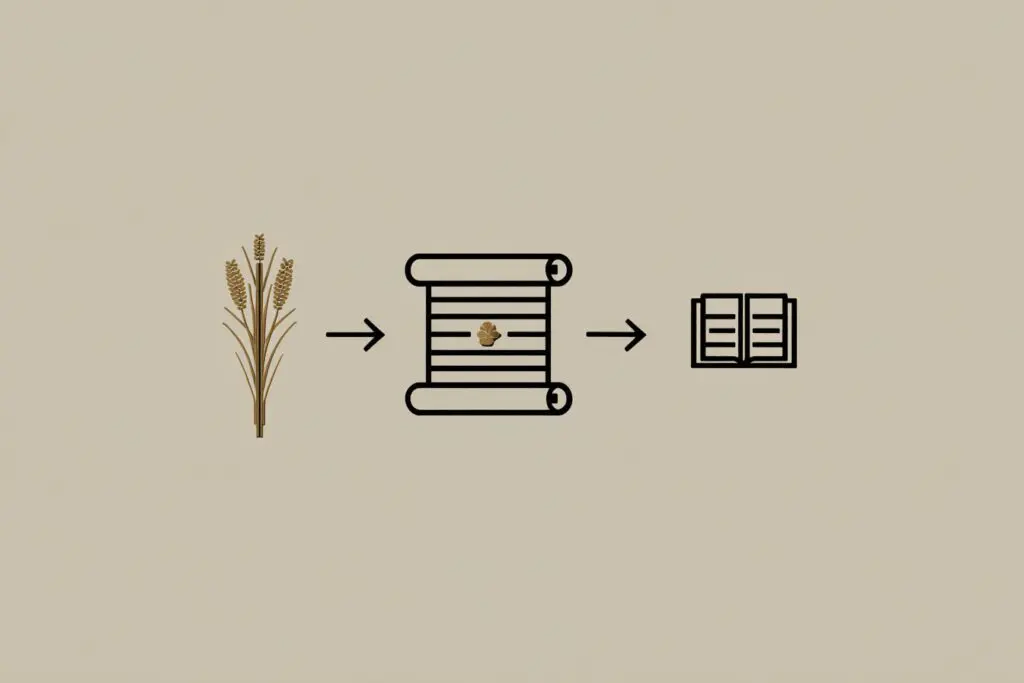 A diagram showing the words origin from papyrus to scroll to book answering the FAQ why is it called the Bible A diagram showing the words origin from papyrus to scroll to book answering the FAQ why is it called the Bible