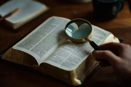 A focused, hands-on image of a deep Bible study, with a magnifying glass held over a verse and notes being taken