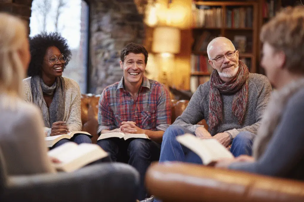 A group of people in discussion showing an answer to the FAQ on how to do a Bible study