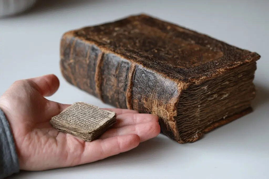 A hand holding a tiny booklet next to a large Bible illustrating the FAQ on what is the shortest book in the Bible