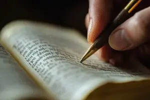 A hand writing a Bible verse, with subtle tips appearing, representing expert advice on writing verses