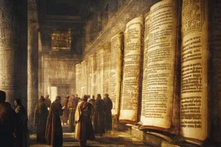 A historical vista showing centuries passing with different scribes, conveying the long duration of the Bible's writing