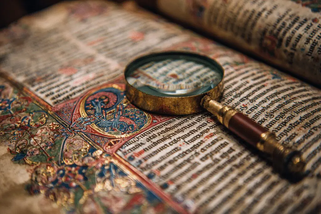 A magnifying glass on the first letter of a manuscript answering the FAQ what is the first word in the Bible
