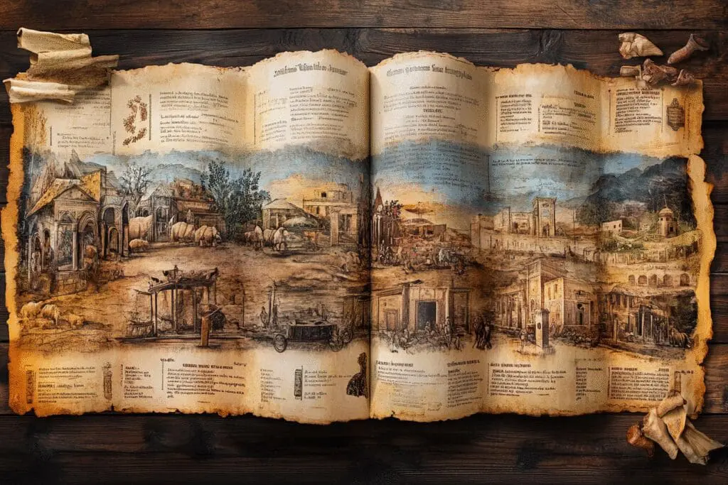 A panoramic historical visual showing the Bible's evolution from ancient scrolls to printed versions.