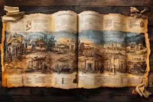A panoramic historical visual showing the Bible's evolution from ancient scrolls to printed versions.