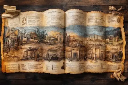 A panoramic historical visual showing the Bible's evolution from ancient scrolls to printed versions.