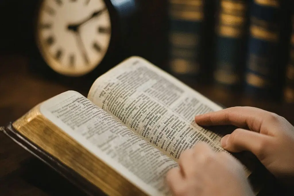 A person reads their Bible peacefully, with a clock in the background, symbolizing the question of how long to read each day
