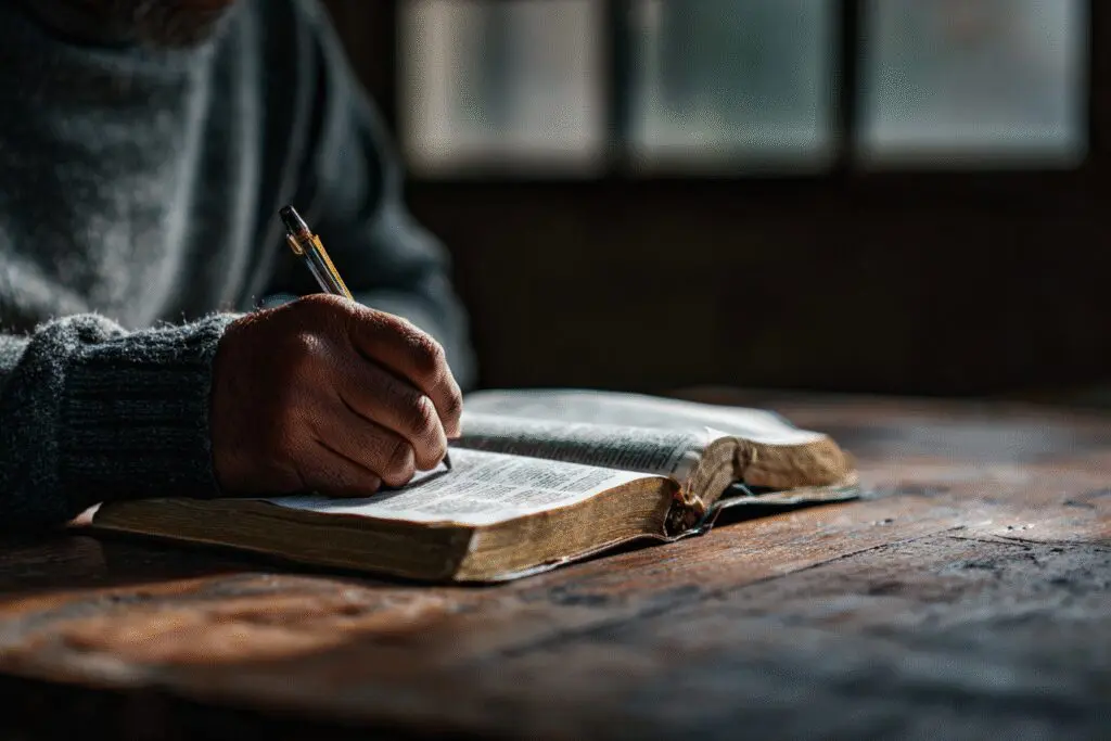 A person writing notes from a Bible demonstrating the FAQ on how to study Bible scriptures A person writing notes from a Bible demonstrating the FAQ on how to study Bible scriptures