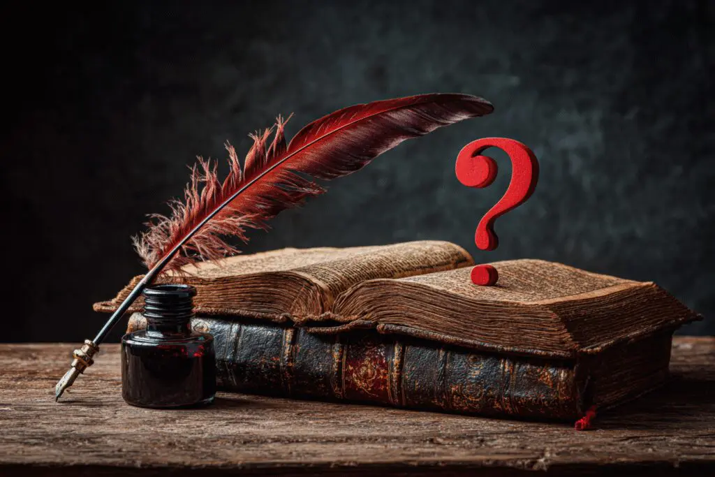 A quill pen next to a Bible with a question mark answering the FAQ did Shakespeare write the Bible A quill pen next to a Bible with a question mark answering the FAQ did Shakespeare write the Bible