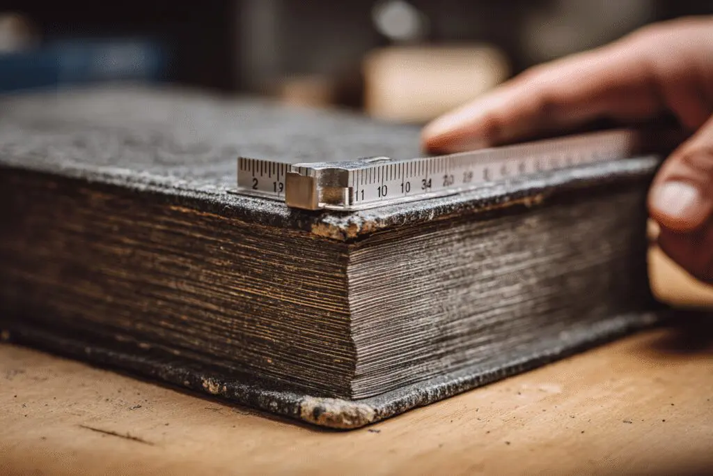 A ruler measuring the thickness of a Bible answering the FAQ on how many pages in the Bible
