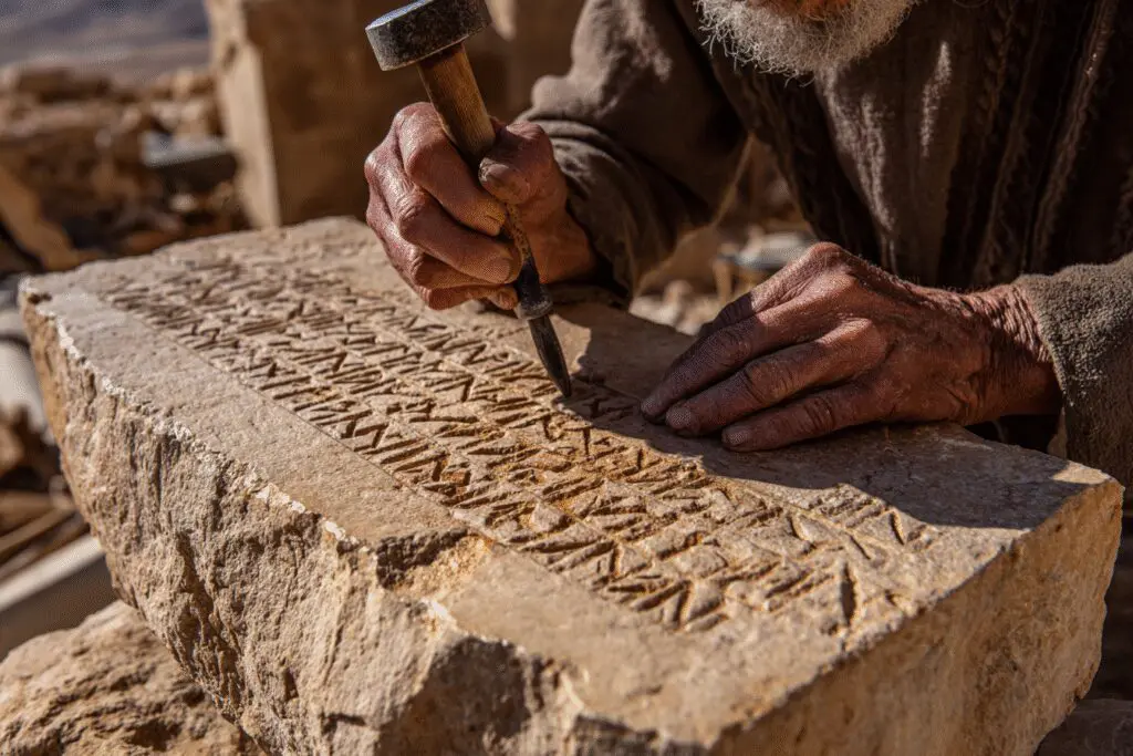 A scribe carving on stone tablets answering the FAQ on who wrote the first five books of the Bible A scribe carving on stone tablets answering the FAQ on who wrote the first five books of the Bible