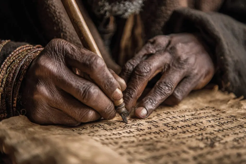 A scribe writing in an ancient script illustrating the context for the FAQ on when was the Ethiopian Bible written A scribe writing in an ancient script illustrating the context for the FAQ on when was the Ethiopian Bible written