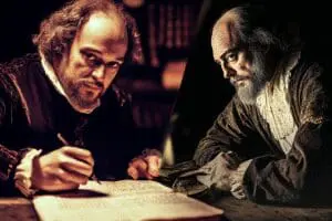 A split image contrasting Shakespeare writing with ancient scribes, debunking the myth of his authorship of the Bible.