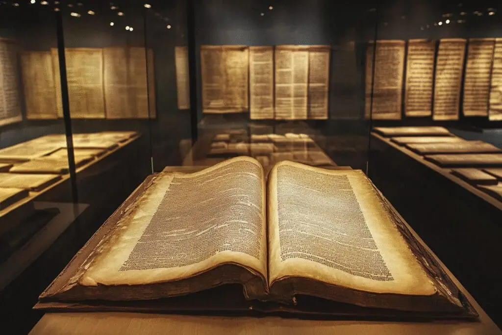 A striking visual comparison of a single Plato scroll versus a vast collection of Bible manuscripts