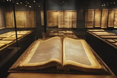 A striking visual comparison of a single Plato scroll versus a vast collection of Bible manuscripts