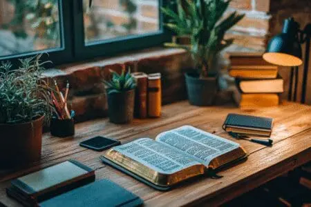 A study desk set up with a Bible and various tools like a notebook and commentary, showing a complete guide for beginners