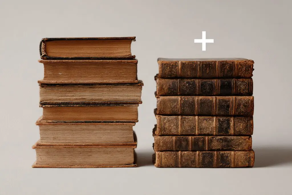 A taller stack of books next to a shorter one illustrating the FAQ on what extra books are in the Catholic Bible A taller stack of books next to a shorter one illustrating the FAQ on what extra books are in the Catholic Bible