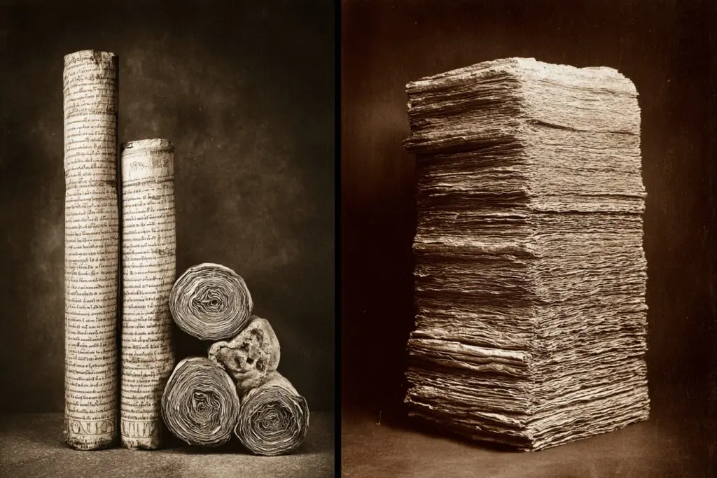 A tiny stack of manuscripts next to a huge one answering the FAQ on how many copies of Plato survived compared to the Bible A tiny stack of manuscripts next to a huge one answering the FAQ on how many copies of Plato survived compared to the Bible