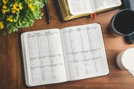 A wall calendar with checkmarks and an open Bible on a desk, illustrating a successful plan to read the Bible in a year.