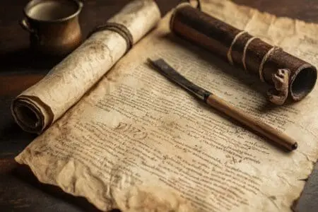 A weathered scroll of Job with scholarly tools, symbolizing evidence being examined for its age