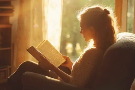A woman reads the Bible peacefully in a sunlit chair, creating a serene scene of personal study