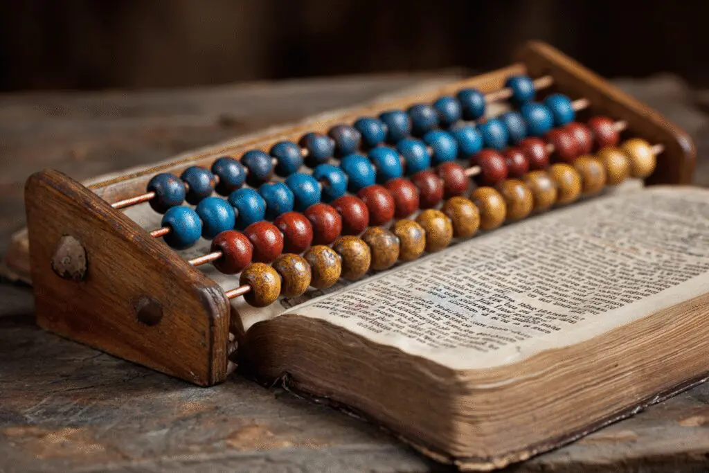 An abacus next to a Bible symbolizing the answer to the FAQ on how many words does the Bible have