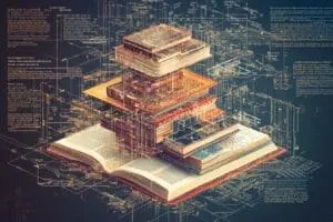 An abstract, intricate diagram illustrating the organizational structure of the Bible's books and testaments