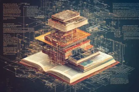 An abstract, intricate diagram illustrating the organizational structure of the Bible's books and testaments