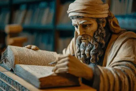 An ancient figure writing on a scroll, with five distinct books emerging, representing the authorship of the first five books of the Bible.