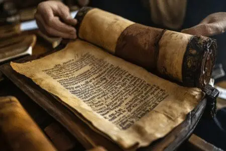 An ancient scroll labeled 'Book of Eli' being separated from other biblical texts, symbolizing its removal from the Bible