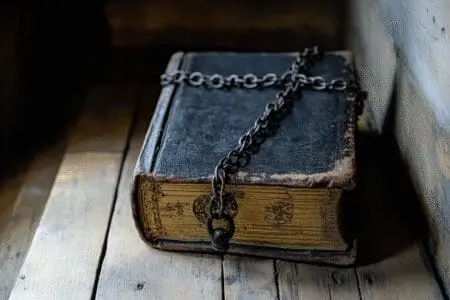 An antique Geneva Bible, symbolically chained in a shadowy setting, with a light revealing why it was banned