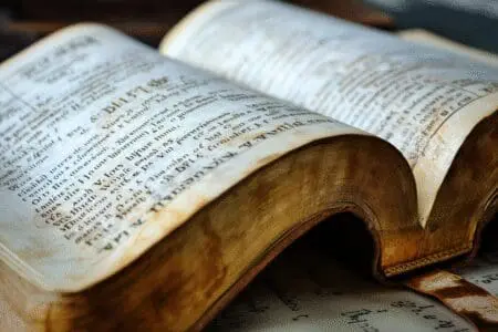 An elegant timeline graphic unrolling from an open Bible, showing the writing dates of each book