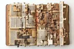 An intricate, puzzle-like arrangement of ancient texts forming a complete Bible, illustrating its assembly process