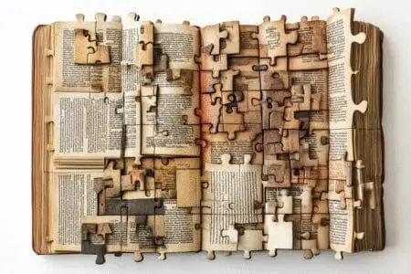 An intricate, puzzle-like arrangement of ancient texts forming a complete Bible, illustrating its assembly process