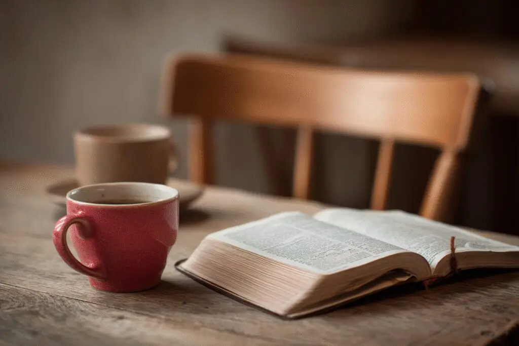 An inviting scene with a Bible and two cups of coffee answering the FAQ on how to start a Bible study An inviting scene with a Bible and two cups of coffee answering the FAQ on how to start a Bible study