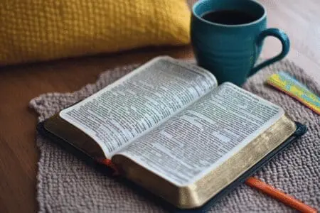 An open Bible lies next to a reading plan chart, showing a clear, organized order for reading