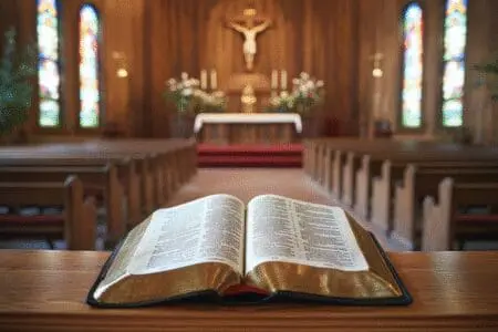 An open Bible on a Methodist church altar, representing their official guide