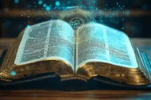 An open Bible overlaid with a copyright symbol and subtle legal elements, representing facts about Bible copyright