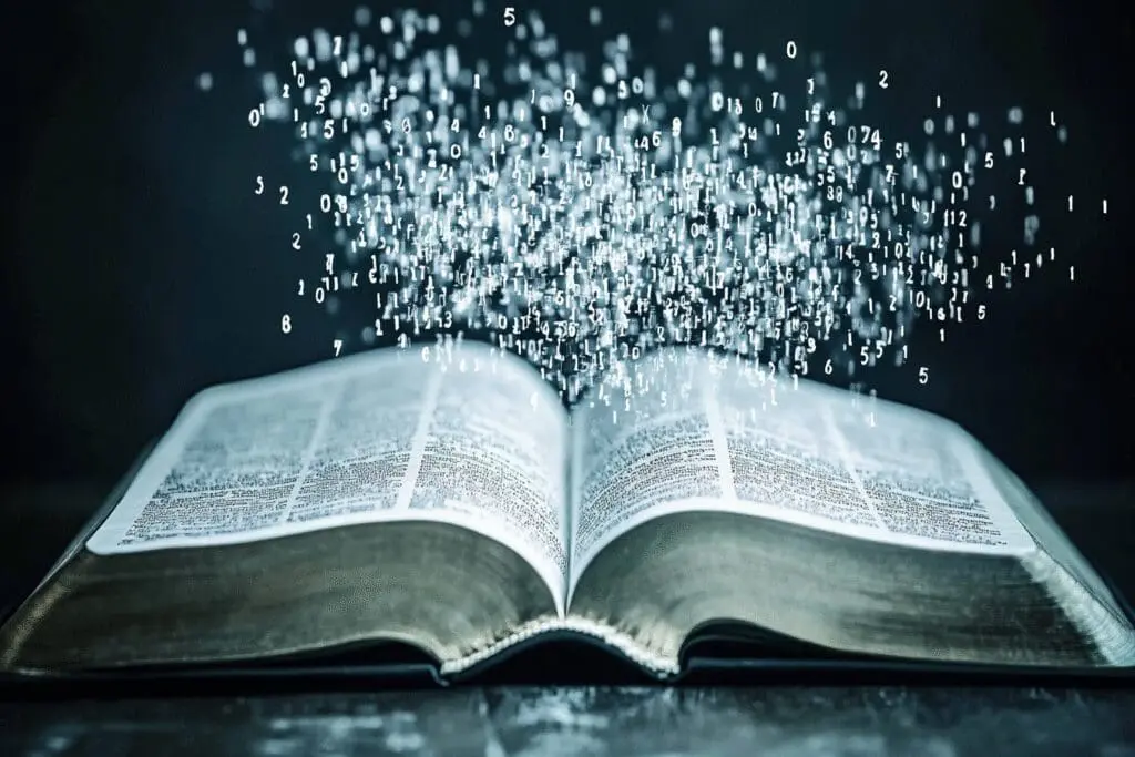 An open Bible with countless small numbers (verses) flowing to a large total number, representing the sum of all verses